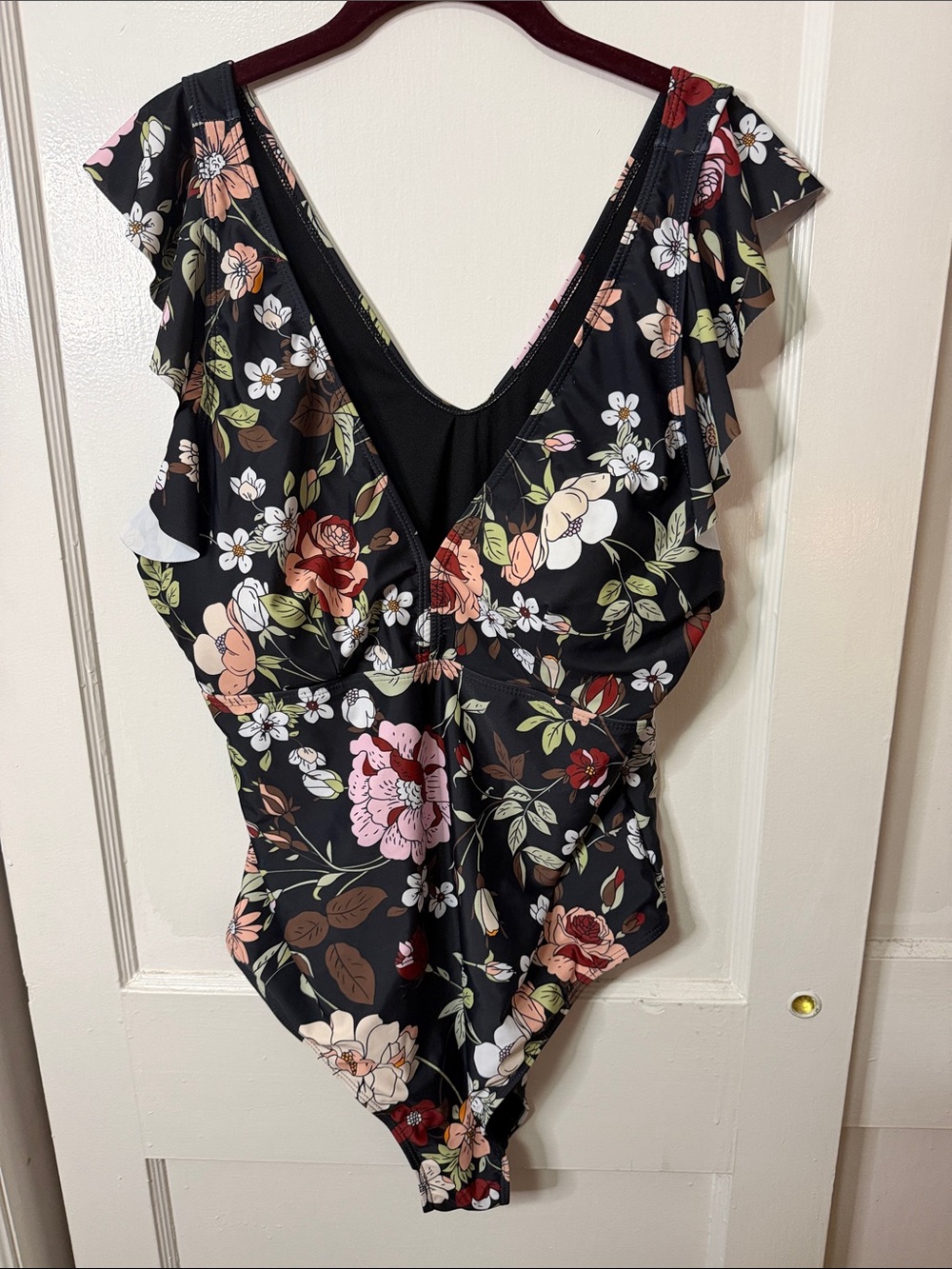 Women's Black Floral Ruffle One-Piece Swimsuit - Picture 2 of 5